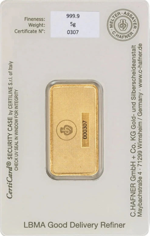 New 5g Gold Bar C. Hafner Minted 24-carat