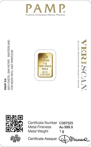 1g Gold Bar PAMP Lady Fortuna Minted 24-carat.